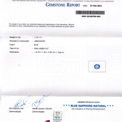 2.59 Ct GII Certified Unheated Untreated Natural Ceylon Blue Sapphire AAA