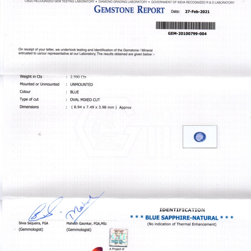 2.59 Ct GII Certified Unheated Untreated Natural Ceylon Blue Sapphire AAA