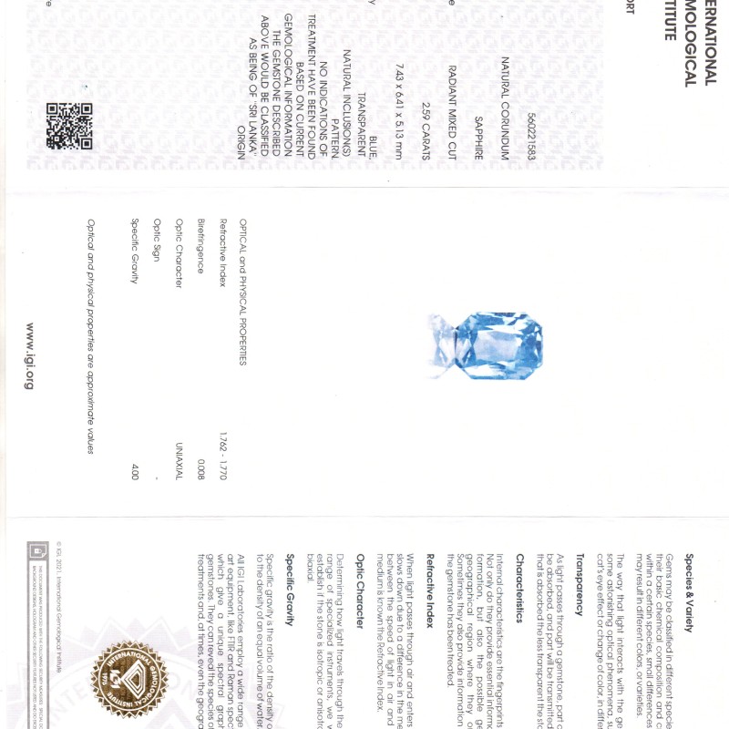 2.59 Ct IGI Certified Unheaated Untreated Natural Ceylon Blue Sapphire AA