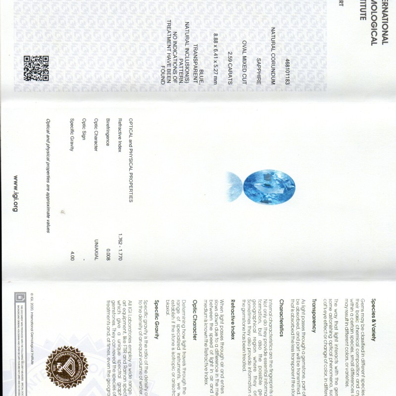 2.59 Ct IGI Certified Unheated Untreated Natural Ceylon Blue Sapphire AA 2.59 Ct IGI Certified Unheated Untreated Natural Ceylon Blue Sapphire AA