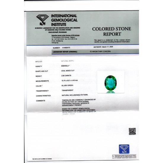 2.60 Ct IGI Certified Untreated Natural Zambian Emerald Gems AAA