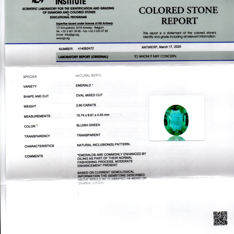 2.60 Ct IGI Certified Untreated Natural Zambian Emerald Gems AAA 2.60 Ct IGI Certified Untreated Natural Zambian Emerald Gems AAA