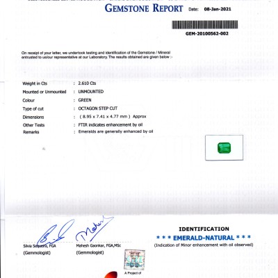 2.61 Ct Certified Untreated Natural Zambian Emerald Gems AAA