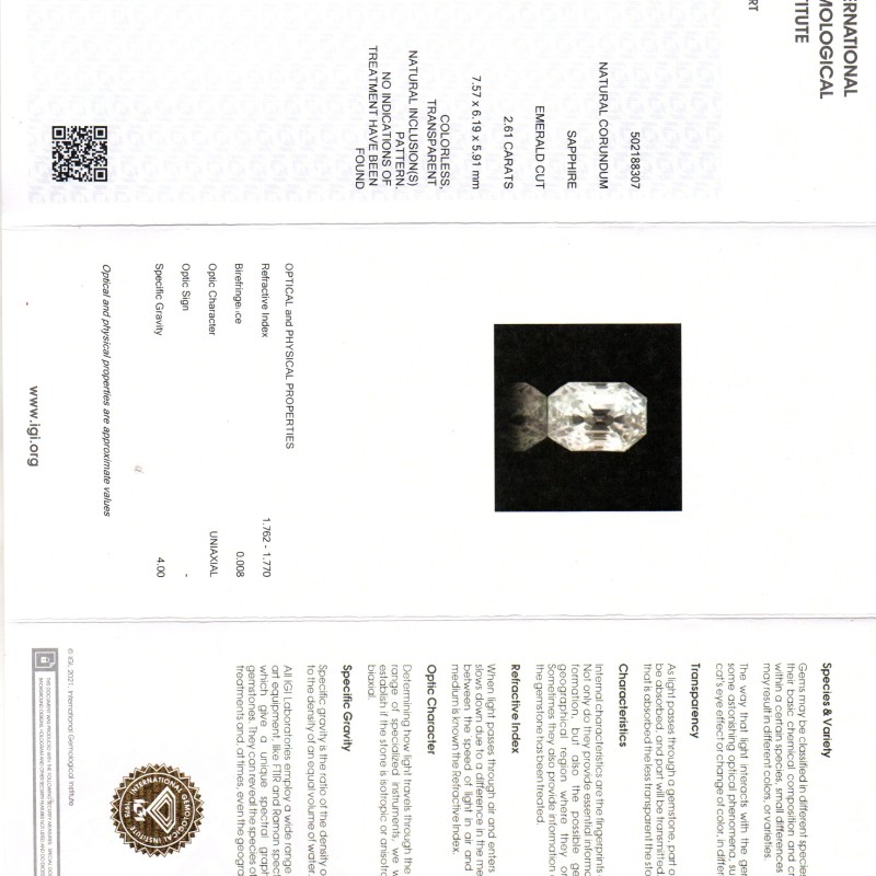 2.61 Ct IGI Certified Unheated Untreated Natural Ceylon White Sapphire 2.61 Ct IGI Certified Unheated Untreated Natural Ceylon White Sapphire