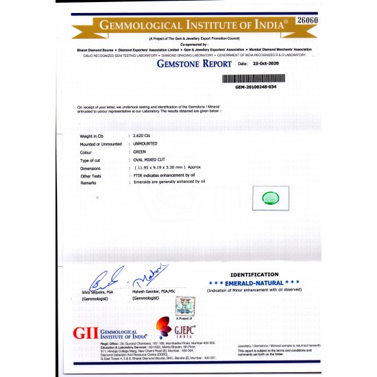 2.62 Ct GII Certified Untreated Natural Zambian Emerald Gems AAAA
