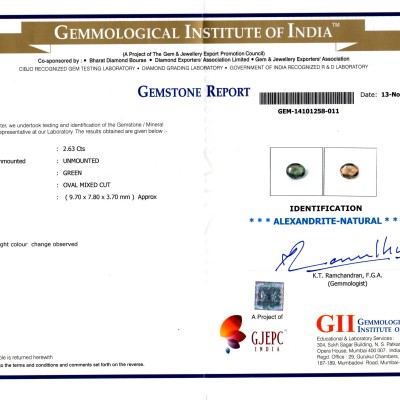 2.63 Ct Untreated Natural Certified Colour Changing Alexandrite 2.63 Ct Untreated Natural Certified Colour Changing Alexandrite