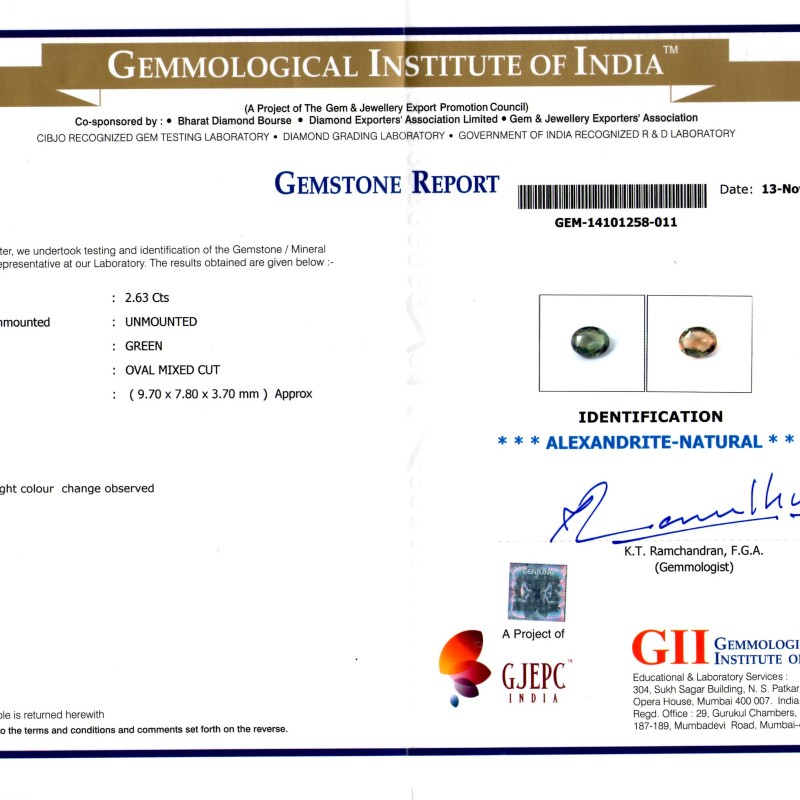 2.63 Ct Untreated Natural Certified Colour Changing Alexandrite 2.63 Ct Untreated Natural Certified Colour Changing Alexandrite