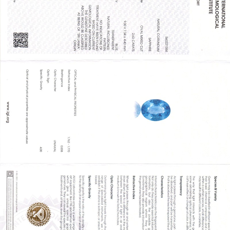 2.63 Ct IGI Certified Unheaated Untreated Natural Ceylon Blue Sapphire AA 2.63 Ct IGI Certified Unheaated Untreated Natural Ceylon Blue Sapphire AA