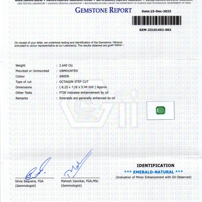 2.64 Ct GII Certified Untreated Natural Zambian Emerald Panna AAA