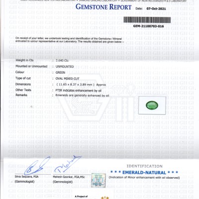 2.64 Ct GII Certified Untreated Natural Zambian Emerald Gemstones 2.64 Ct GII Certified Untreated Natural Zambian Emerald Gemstones