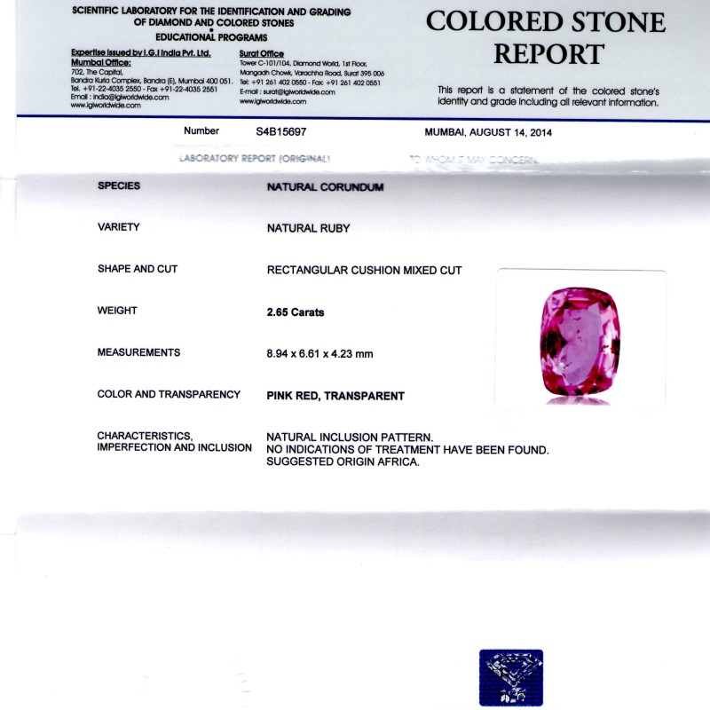 2.65 Ct IGI Certified Unheated Untreated Natural Madagaskar Ruby 2.65 Ct IGI Certified Unheated Untreated Natural Madagaskar Ruby