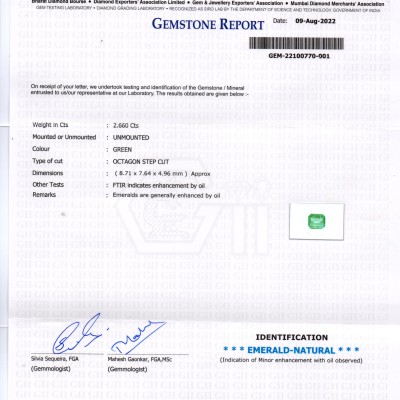 2.66 Ct Certified Untreated Natural Zambian Emerald Gemstone Panna