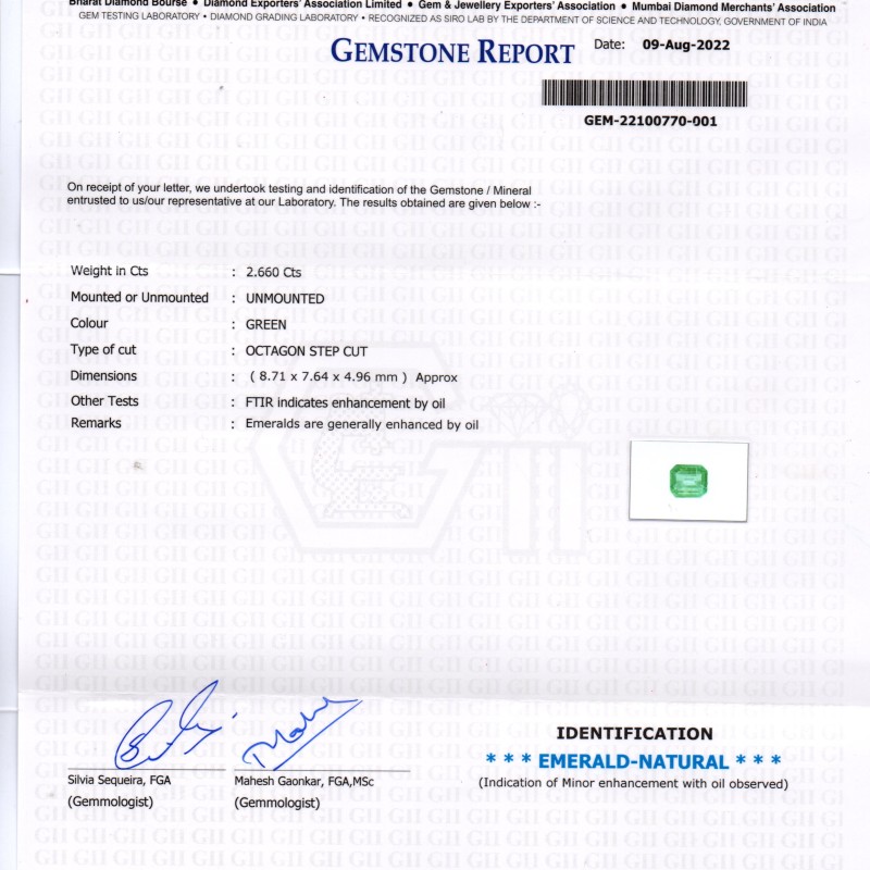 2.66 Ct Certified Untreated Natural Zambian Emerald Gemstone Panna