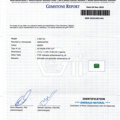 2.66 Ct GII Certified Untreated Natural Zambian Emerald Panna AAA