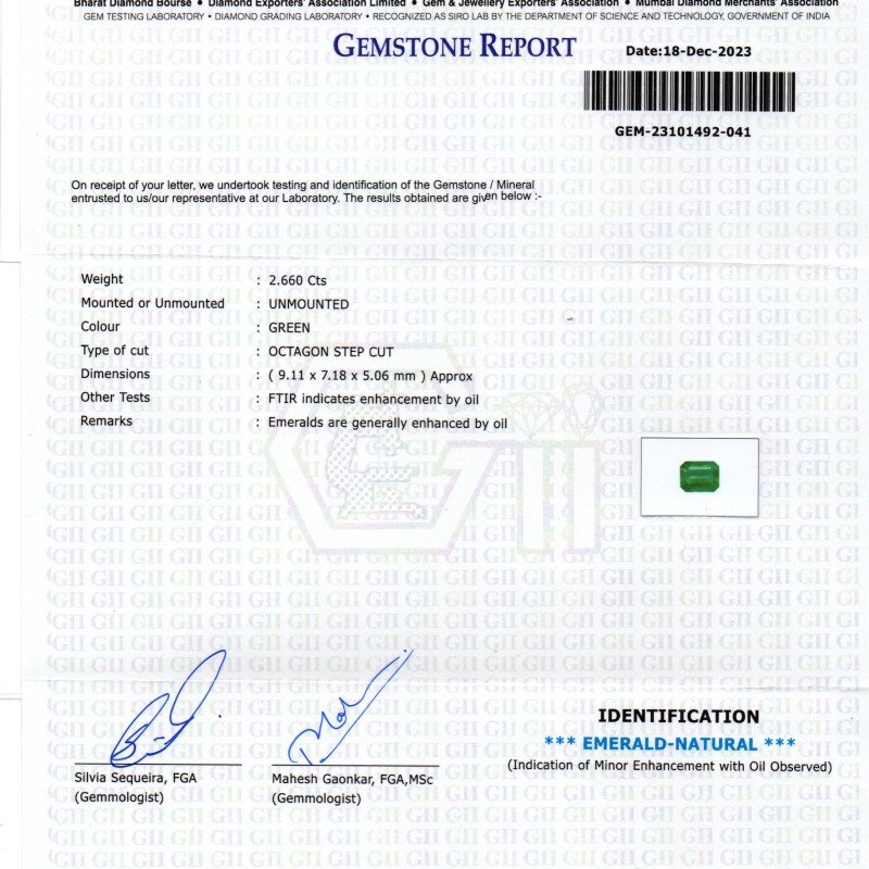 2.66 Ct GII Certified Untreated Natural Zambian Emerald Panna AAA