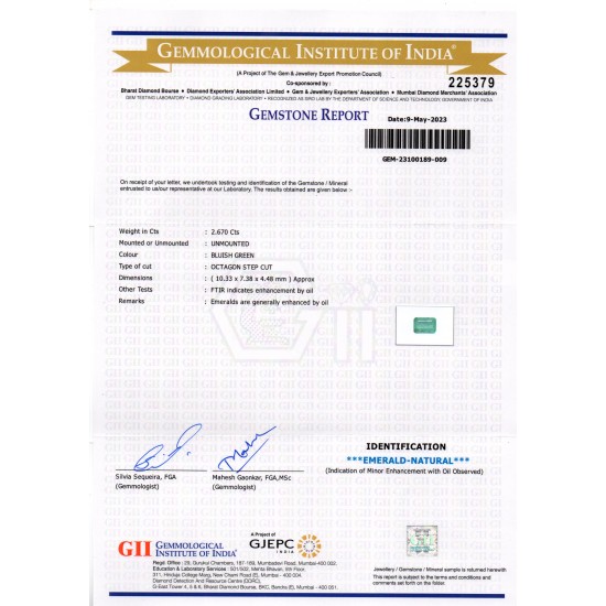 2.67 Ct GII Certified Untreated Natural Zambian Emerald Panna Gemstone