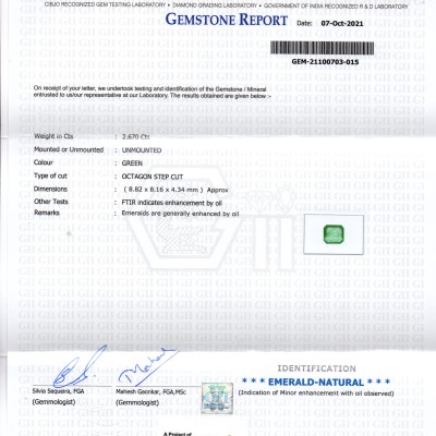 2.67 Ct GII Certified Untreated Natural Zambian Emerald Gemstones 2.67 Ct GII Certified Untreated Natural Zambian Emerald Gemstones