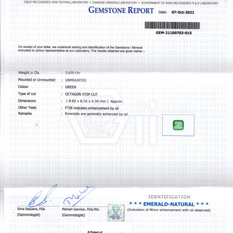 2.67 Ct GII Certified Untreated Natural Zambian Emerald Gemstones 2.67 Ct GII Certified Untreated Natural Zambian Emerald Gemstones