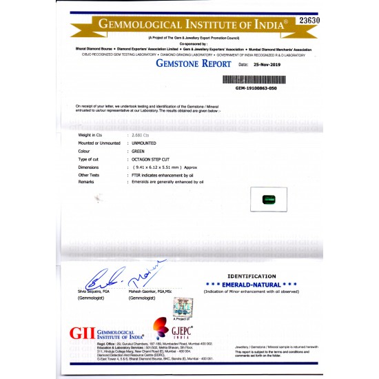 2.68 Ct GII Certified Untreated Natural Zambian Emerald Gems AAAAA