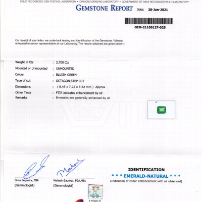 2.70 Ct GII Certified Untreated Natural Zambian Emerald Gemstone AAAAA