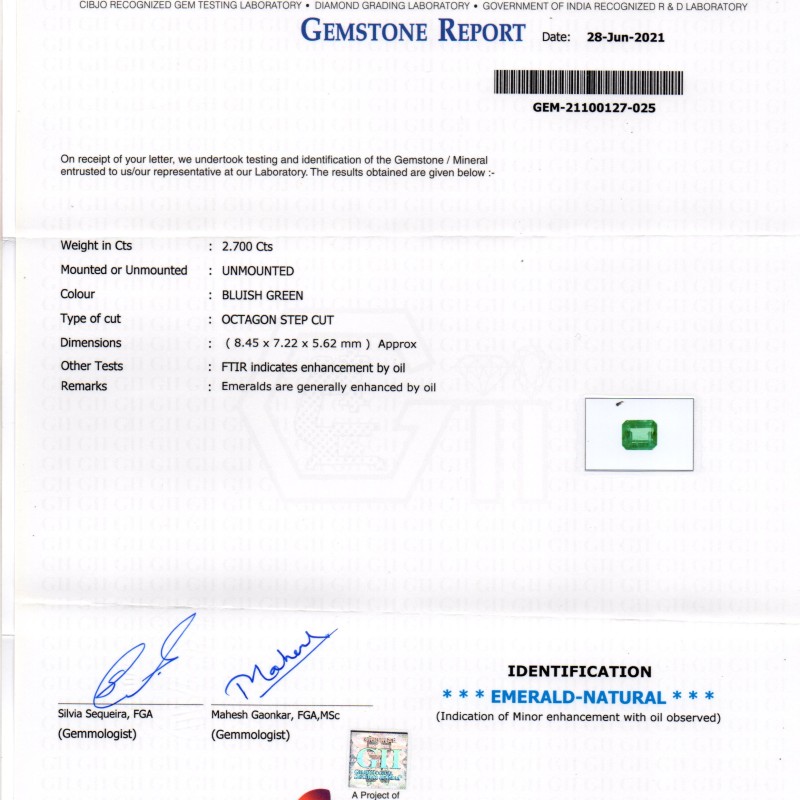 2.70 Ct GII Certified Untreated Natural Zambian Emerald Gemstone AAAAA