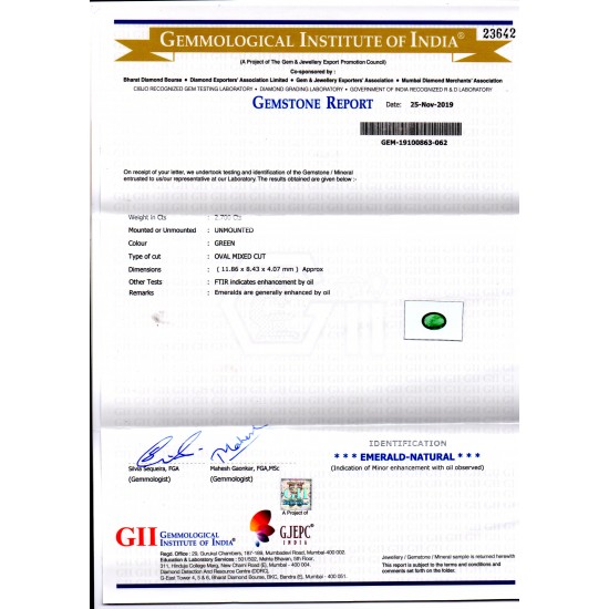 2.70 Ct GII Certified Untreated Natural Zambian Emerald Gems AAAAA