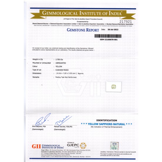 2.70 Ct GII Certified Unheated Untreated Natural Ceylon Yellow Sapphire