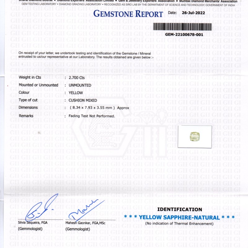 2.70 Ct GII Certified Unheated Untreated Natural Ceylon Yellow Sapphire 2.70 Ct GII Certified Unheated Untreated Natural Ceylon Yellow Sapphire