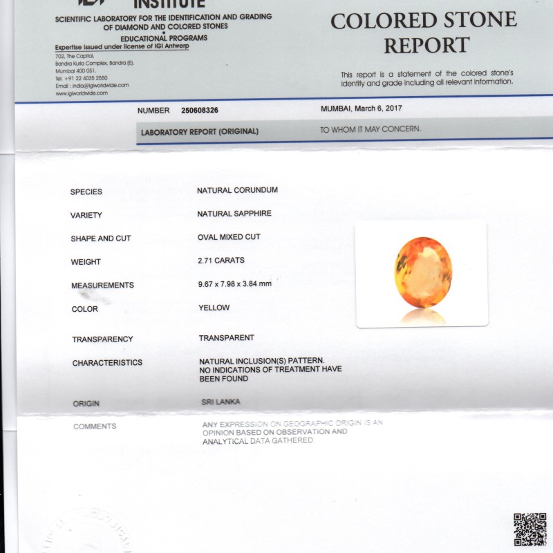 2.71 Ct IGI Certified Unheated Untreated Natural Ceylon Yellow Sapphire 2.71 Ct IGI Certified Unheated Untreated Natural Ceylon Yellow Sapphire