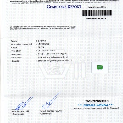 2.72 Ct GII Certified Untreated Natural Zambian Emerald Panna AAA