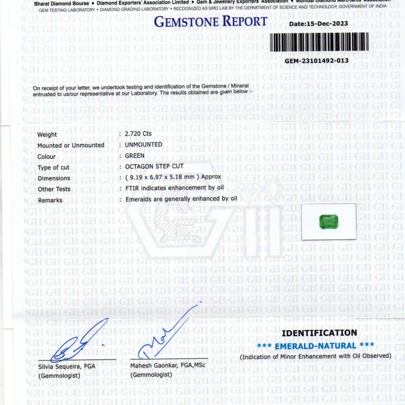 2.72 Ct GII Certified Untreated Natural Zambian Emerald Panna AAA