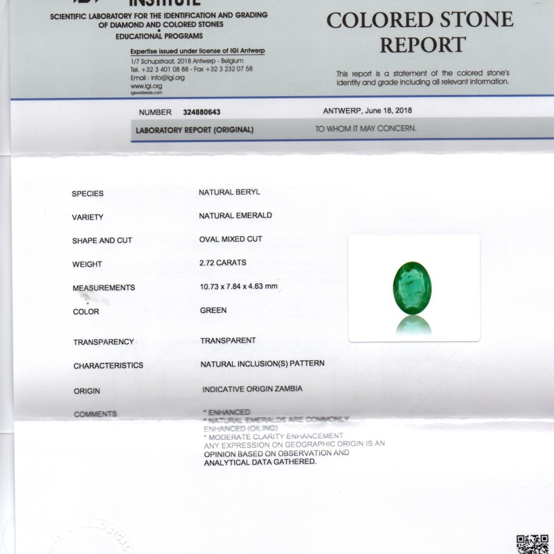 2.72 Ct IGI Certified Untreated Natural Zambian Emerald Gemstone AAA 2.72 Ct IGI Certified Untreated Natural Zambian Emerald Gemstone AAA
