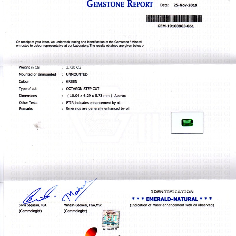 2.73 Ct GII Certified Untreated Natural Zambian Emerald Gems AAAAA