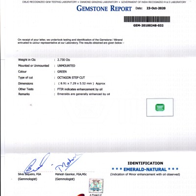 2.73 Ct GII Certified Untreated Natural Zambian Emerald Gems AAAAA