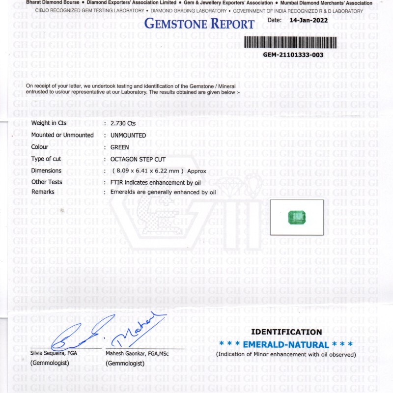 2.73 Ct GII Certified Untreated Natural Zambian Emerald Gemstone