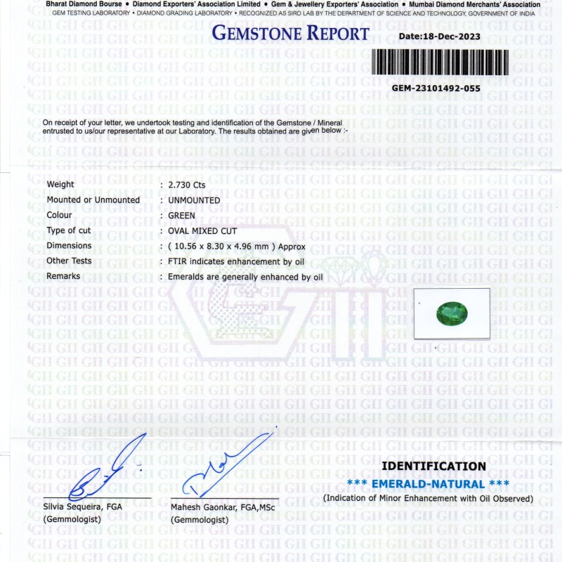 2.73 Ct GII Certified Untreated Natural Zambian Emerald Panna AAA