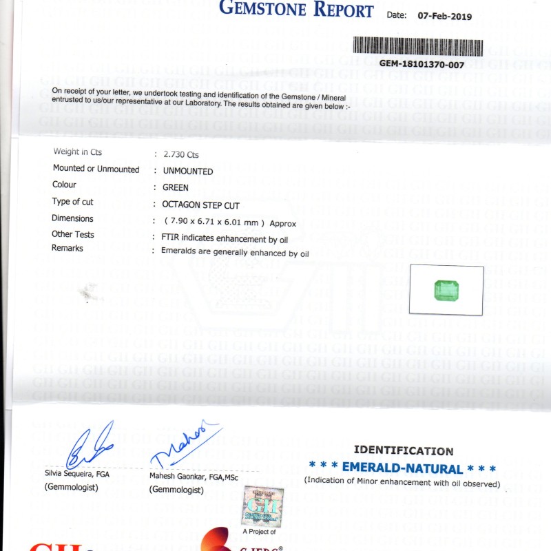 2.73 Ct Untreated Natural Zambian Emerald Gemstone Panna Gems AAAAA