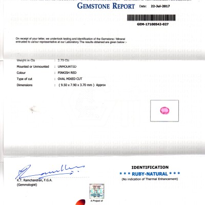 2.73 Ct GII Certified Unheated Untreated Natural Madagaskar Ruby AA 2.73 Ct GII Certified Unheated Untreated Natural Madagaskar Ruby AA
