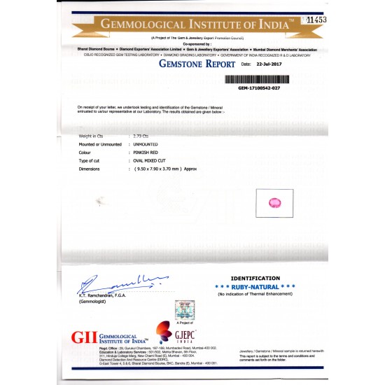2.73 Ct GII Certified Unheated Untreated Natural Madagaskar Ruby AA