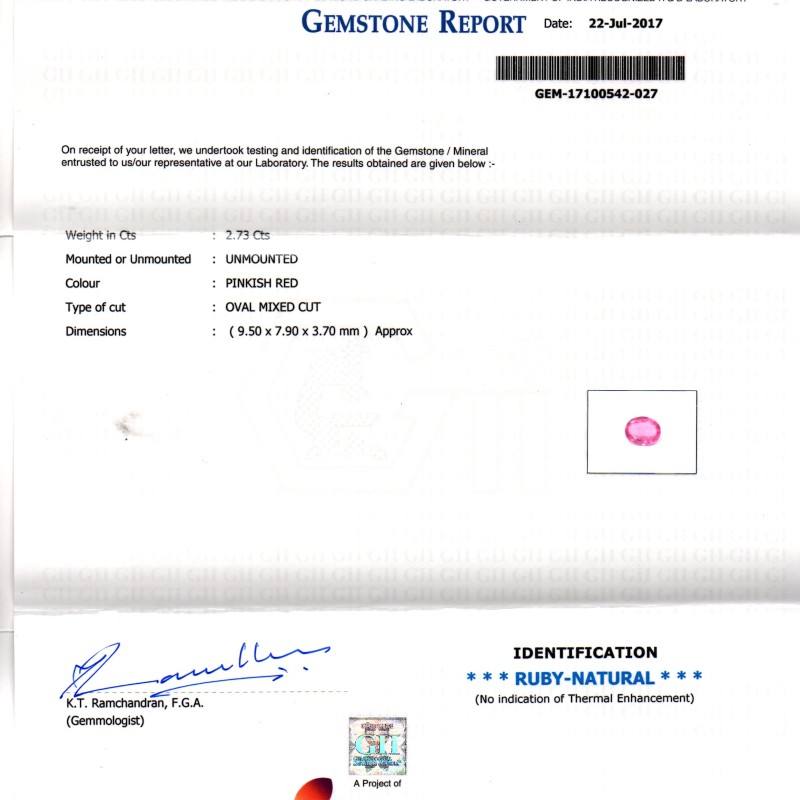 2.73 Ct GII Certified Unheated Untreated Natural Madagaskar Ruby AA 2.73 Ct GII Certified Unheated Untreated Natural Madagaskar Ruby AA
