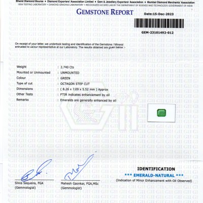 2.74 Ct GII Certified Untreated Natural Zambian Emerald Panna AAA