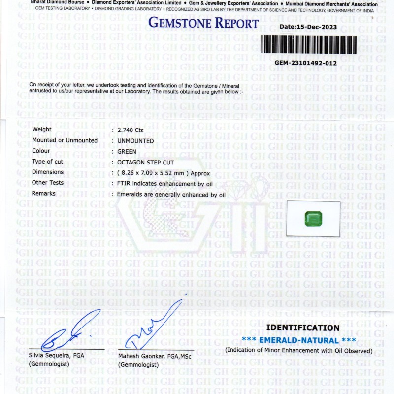 2.74 Ct GII Certified Untreated Natural Zambian Emerald Panna AAA