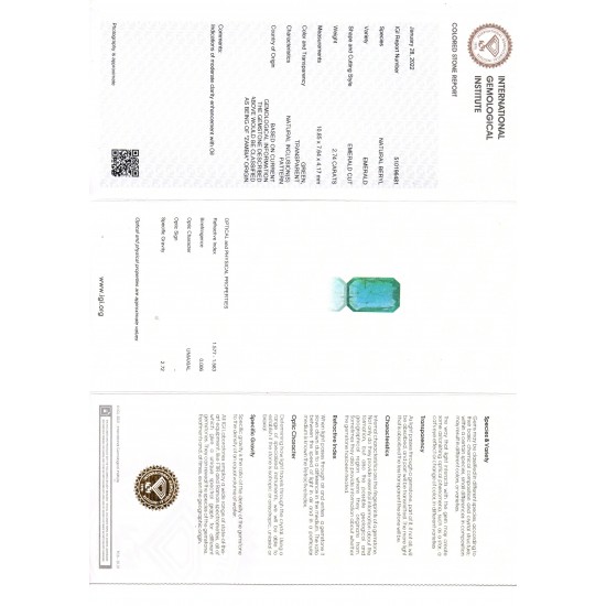 2.74 Ct IGI Certified Untreated Natural Zambian Emerald Gemstone