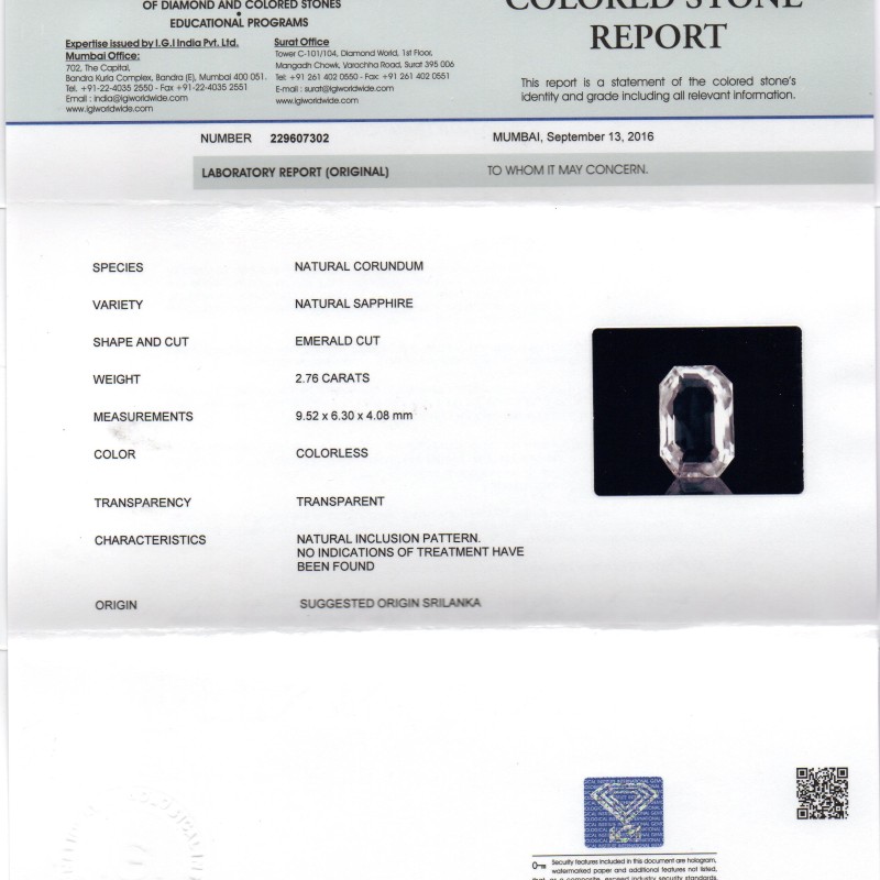 2.76 Ct IGI Certified Unheated Untreated Natural Premium White Sapphire 2.76 Ct IGI Certified Unheated Untreated Natural Premium White Sapphire