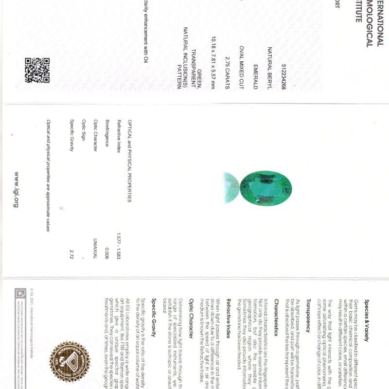 2.75 Ct IGI Certified Untreated Natural Zambian Emerald Gemstone AAA