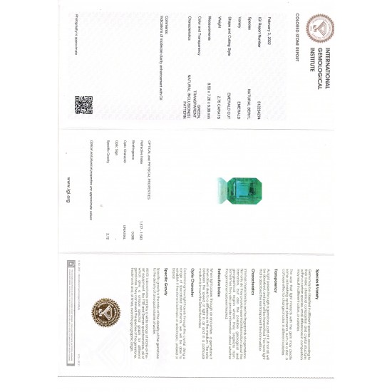 2.75 Ct IGI Certified Untreated Natural Zambian Emerald Gemstone AAA