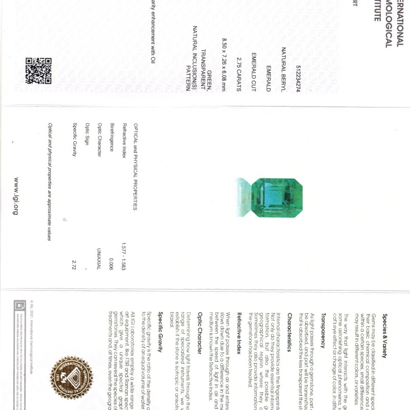 2.75 Ct IGI Certified Untreated Natural Zambian Emerald Gemstone AAA