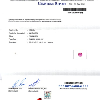 2.75 Ct GII Certified Unheated Untreated Natural Madagaskar Ruby AA