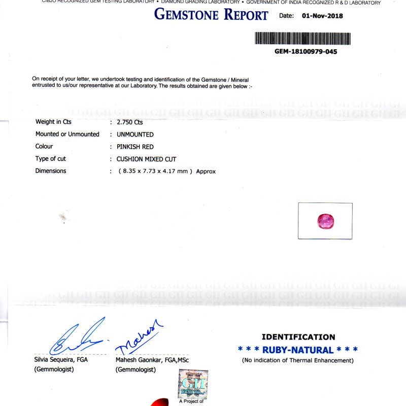 2.75 Ct GII Certified Unheated Untreated Natural Madagaskar Ruby AA