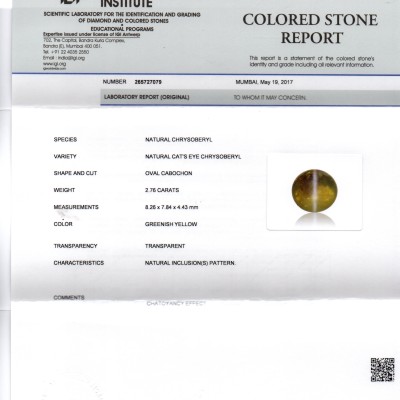 2.76 Ct IGI Certified Untreated Natural Ceylon Chrysoberyl Cats Eye Stone 2.76 Ct IGI Certified Untreated Natural Ceylon Chrysoberyl Cats Eye Stone